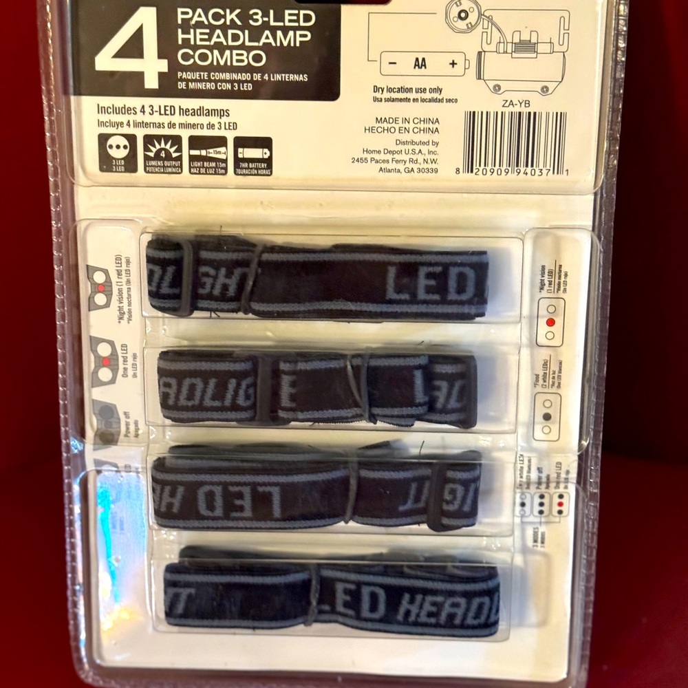 HOME DEPOT Deadstock 4 Pack 3-LED Headlamp Combo AA Battery Powered Included NWT